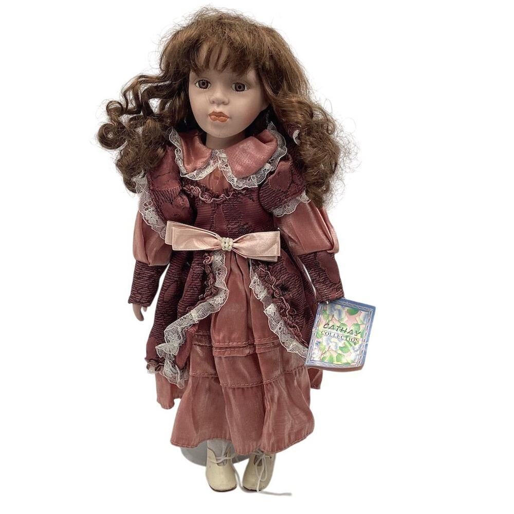 Vintage cathay collection Vintage Porcelain Doll 16" Burgundy Dress w/ Stand